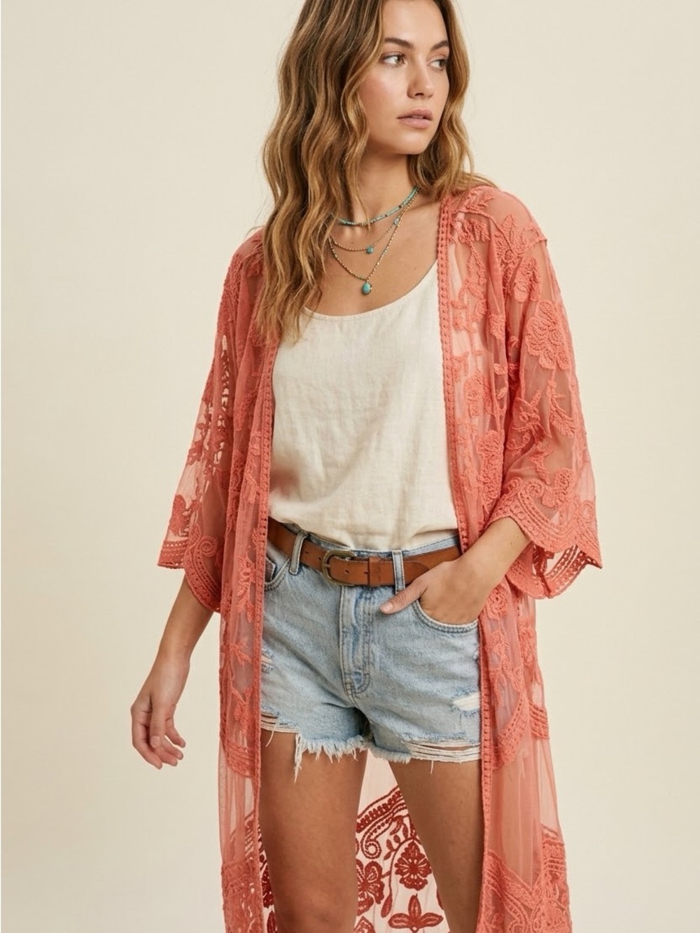 Dizzy Gal Coral Pink Floral Lace Sheer Mesh Long Kimono Duster Cardigan Medium